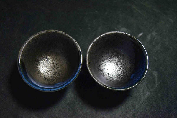 Japanese Mino Ware Sake Cup – Indigo Blue with “Sumi-Fuki” Sprayed Glaze Set 133★