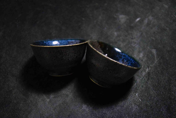 Japanese Mino Ware Sake Cup – Indigo Blue with “Sumi-Fuki” Sprayed Glaze Set 133★