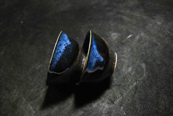 Japanese Mino Ware Sake Cup – Indigo Blue with “Sumi-Fuki” Sprayed Glaze Set 133★