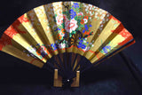 ●Japanese Decorative Folding Fan Set Gold Floral Hand Fan w/ Stand & Box Kyoto Style 155- 5.18