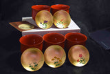 ●Japanese Yamanaka Lacquerware Soup Bowl Set 5pc Red Gold Floral Lids 167- 5.18