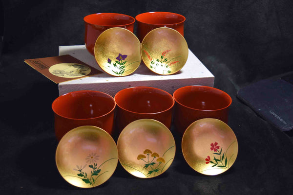 ●Japanese Yamanaka Lacquerware Soup Bowl Set 5pc Red Gold Floral Lids 167- 5.18