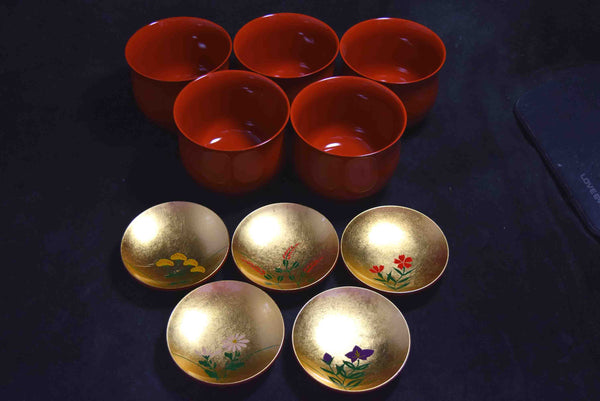 ●Japanese Yamanaka Lacquerware Soup Bowl Set 5pc Red Gold Floral Lids 167- 5.18