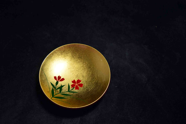 ●Japanese Yamanaka Lacquerware Soup Bowl Set 5pc Red Gold Floral Lids 167- 5.18
