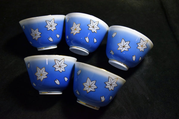 ●Tachikichi Blue Gradient Maple Motif Yunomi Tea Cup Set of 5 Gold Trim Kyoto Style Sencha Cups w/ Original Box 171 5.24