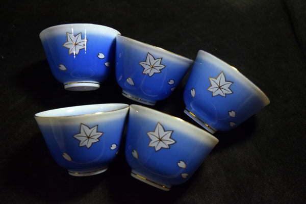 ●Tachikichi Blue Gradient Maple Motif Yunomi Tea Cup Set of 5 Gold Trim Kyoto Style Sencha Cups w/ Original Box 171 5.24