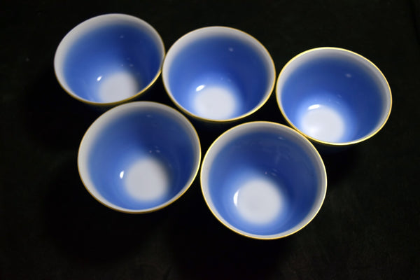 ●Tachikichi Blue Gradient Maple Motif Yunomi Tea Cup Set of 5 Gold Trim Kyoto Style Sencha Cups w/ Original Box 171 5.24