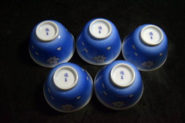 ●Tachikichi Blue Gradient Maple Motif Yunomi Tea Cup Set of 5 Gold Trim Kyoto Style Sencha Cups w/ Original Box 171 5.24