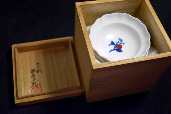●Japanese Kakiemon Arita Porcelain Bowl Set 5pc Persimmon Motif Signed Boxed 166- 5.18