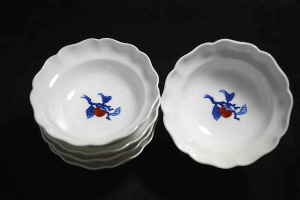 ●Japanese Kakiemon Arita Porcelain Bowl Set 5pc Persimmon Motif Signed Boxed 166- 5.18