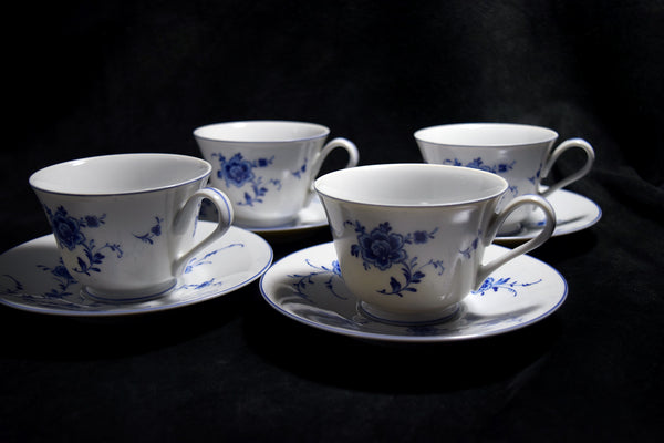 ●Sango China Japan Blue Floral Porcelain Cup & Saucer Set 4 Place Settings Vintage 174 6.14