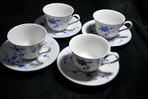 ●Sango China Japan Blue Floral Porcelain Cup & Saucer Set 4 Place Settings Vintage 174 6.14