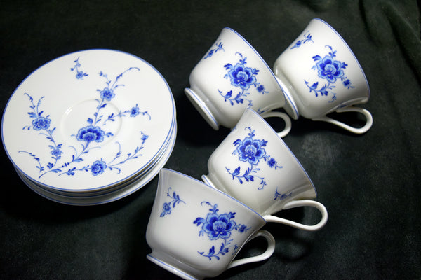 ●Sango China Japan Blue Floral Porcelain Cup & Saucer Set 4 Place Settings Vintage 174 6.14