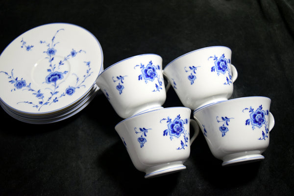 ●Sango China Japan Blue Floral Porcelain Cup & Saucer Set 4 Place Settings Vintage 174 6.14