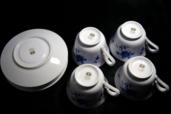 ●Sango China Japan Blue Floral Porcelain Cup & Saucer Set 4 Place Settings Vintage 174 6.14