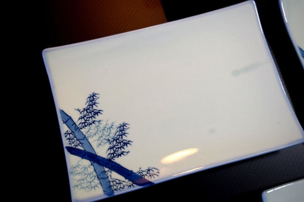 Japanese Porcelain Fish/Sashimi Plate 4pcs Vtg White Blue handwritten bamboo 009 F/S