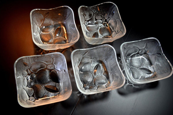 Japanese Pressed Glass Square Bowl 5pcs Set Vtg Flower from Japan 028