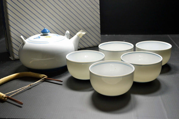 Japanese Mint Arita Ware Ceramic Teapot 1pcs  & Yunomi 5pcs Set Vtg. Pottery 044 F/S